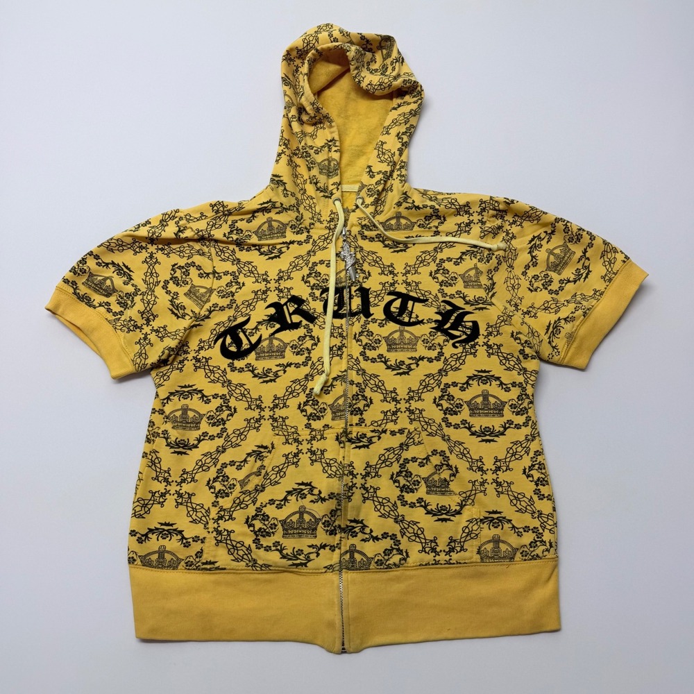 Feathers Yellow Crown Print Short Sleeve Zip Hoodie Truth Graphic Dagger Pull L
